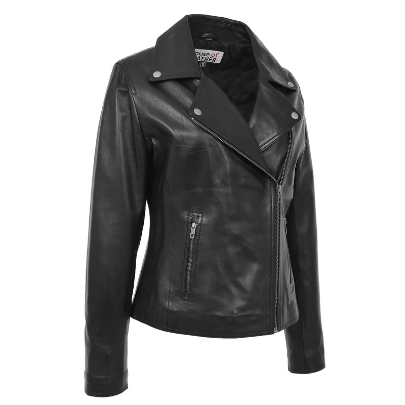 Womens Soft Leather Cross Zip Biker Jacket Lola Black 4