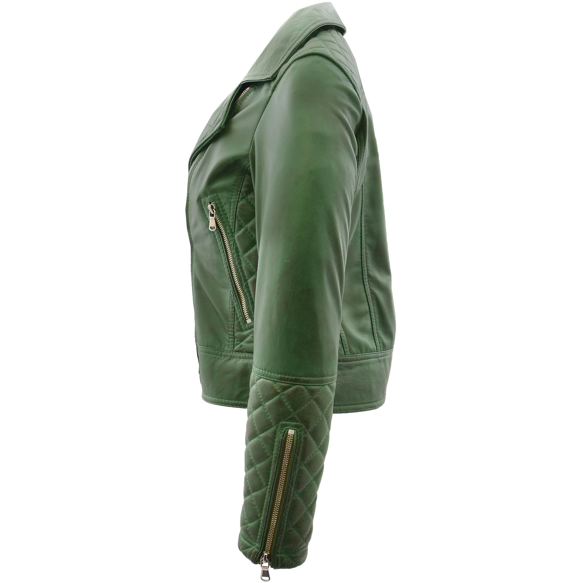 Womens Leather Biker Jacket with Quilt Detail Ziva Green 4