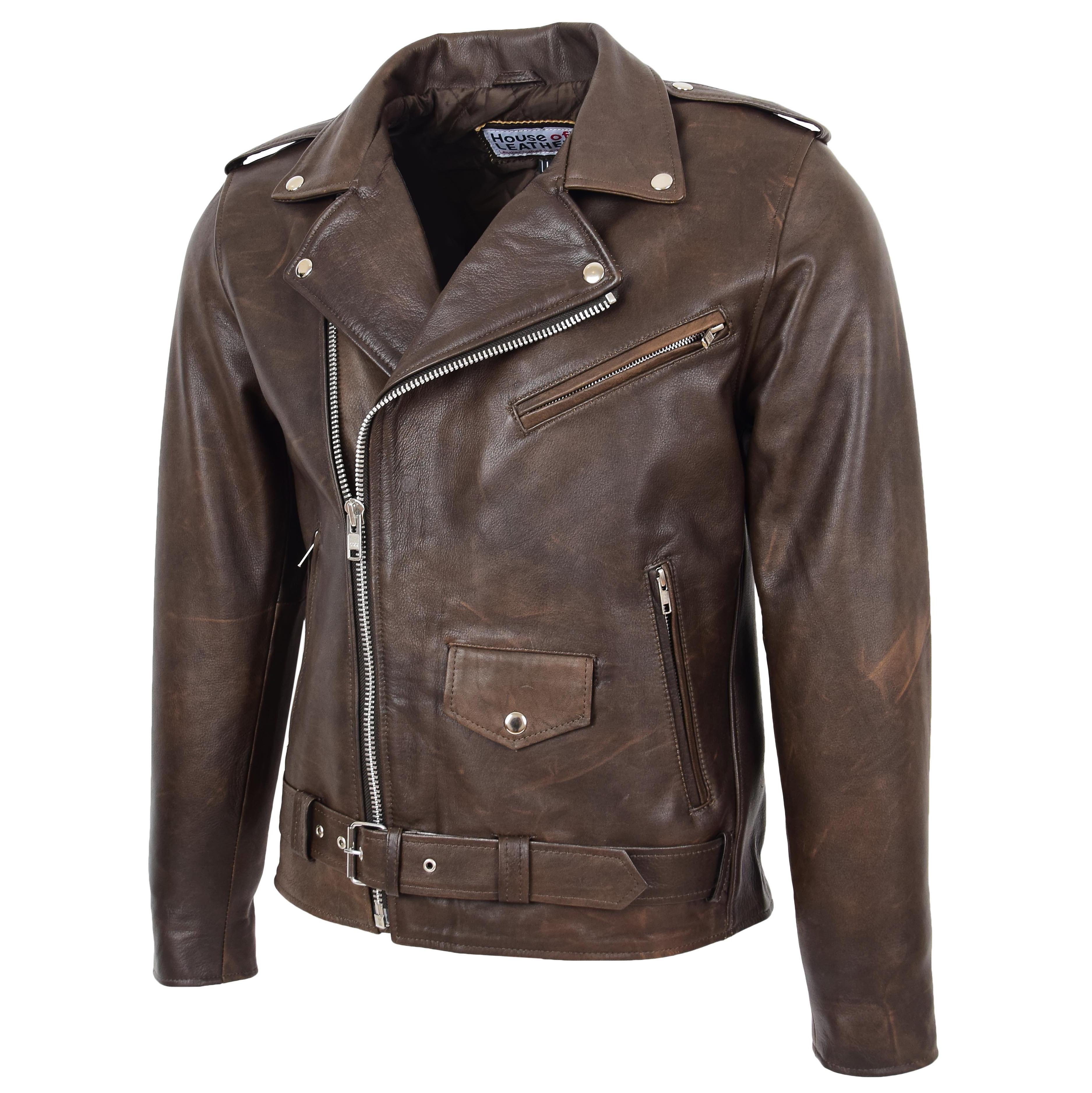 Mens Heavy Duty Leather Biker Brando Jacket Brown House of Leather