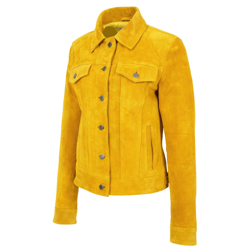 Womens Soft Suede Trucker Style Jacket Alma Yellow 4