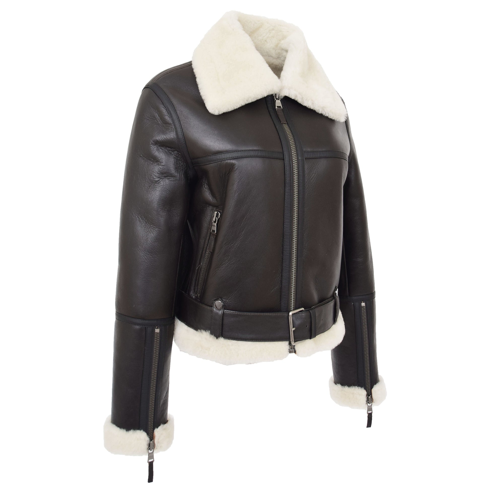 Womens Sheepskin Aviator RAF Pilot Jacket Elsie Brown White 4