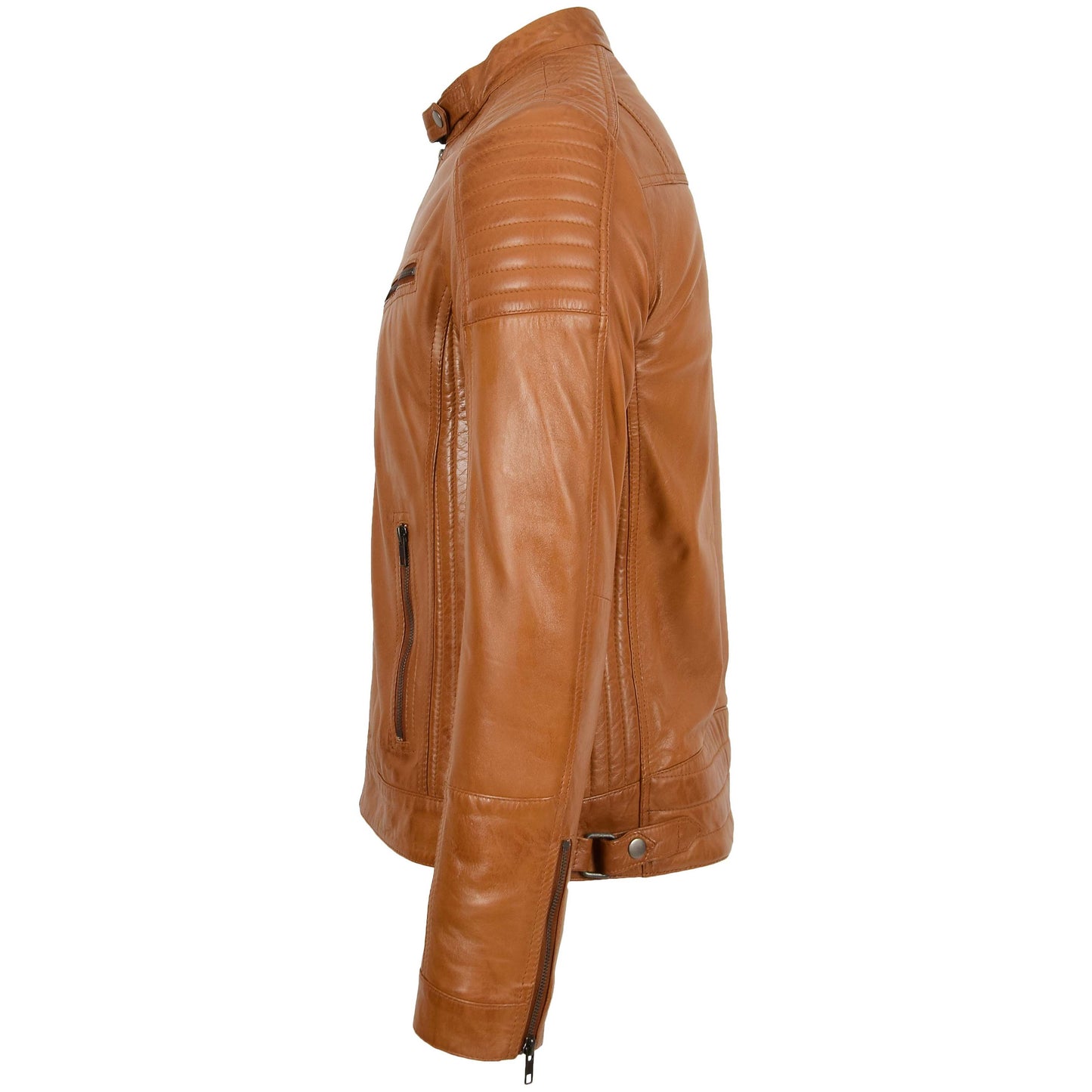 Mens Leather Cafe Racer Biker Jacket Ron Tan 4