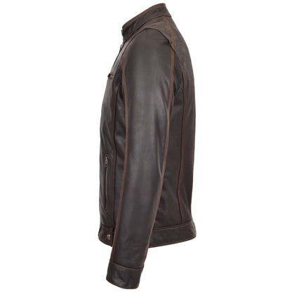 Mens Classic Leather Biker Style Zip Jacket Ethan Brown 4