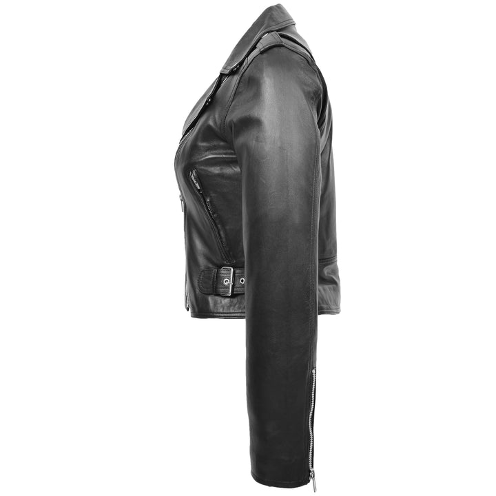 Womens Leather Biker Style Cross Zip Jacket Emma Black 5