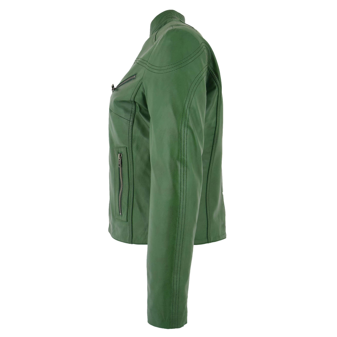 Womens Leather Standing Collar Jacket Becky Green 5