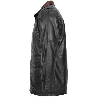 Mens Leather Winter Car Coat Hip Length Jason Black Brown Trim 4