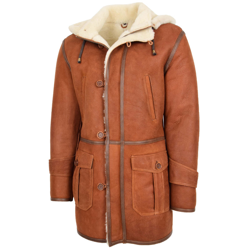 Mens Real Sheepskin Duffle Hooded Coat Vincent Whiskey 3