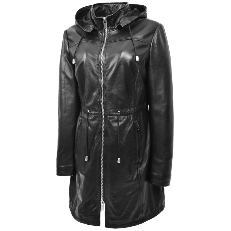 Womens Real Leather Hooded Parka Coat Tyra Black 3