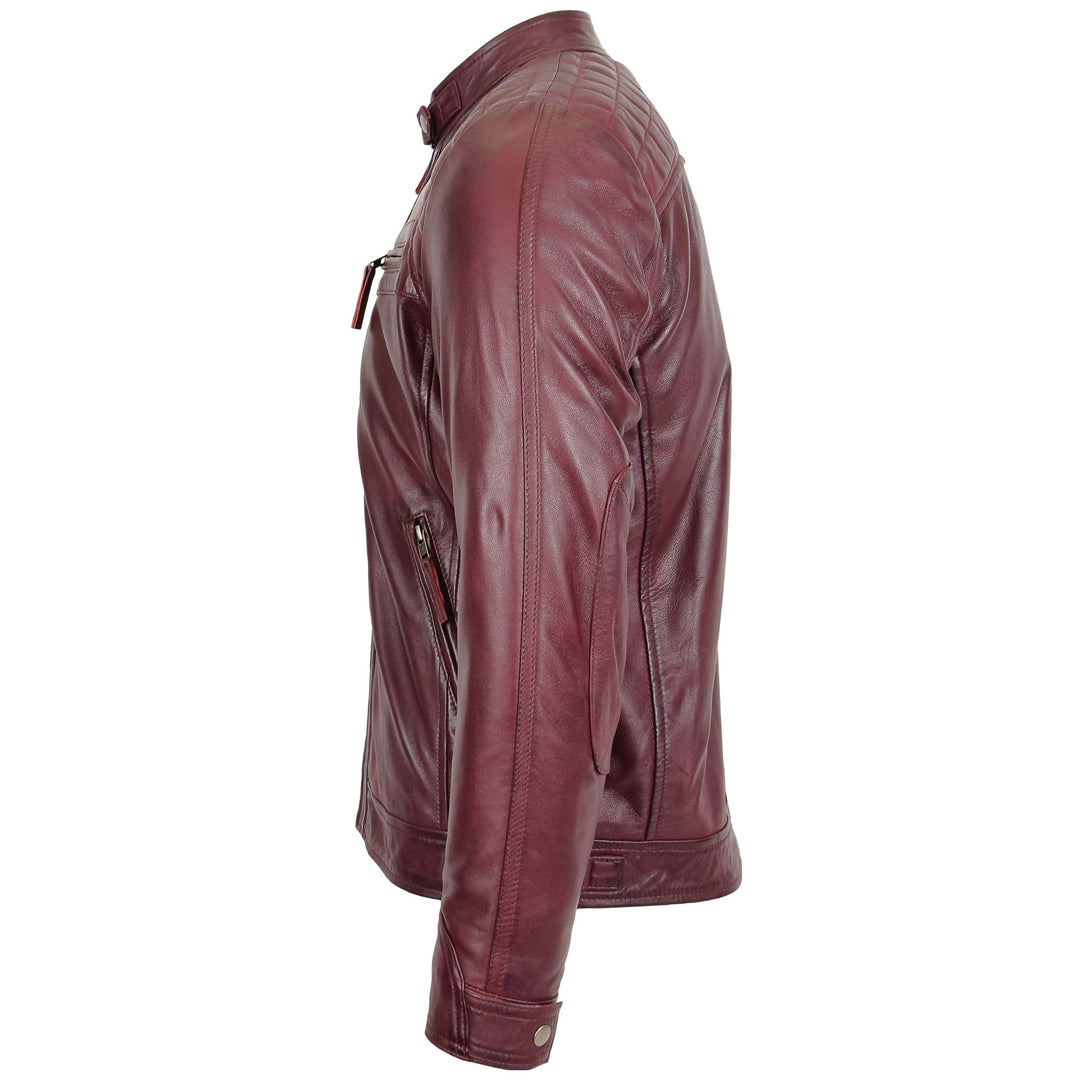Mens Biker Leather Jacket Standing Collar Bowie Burgundy 4