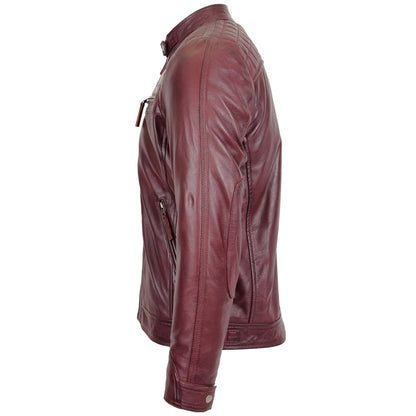 Mens Biker Leather Jacket Standing Collar Bowie Burgundy 4