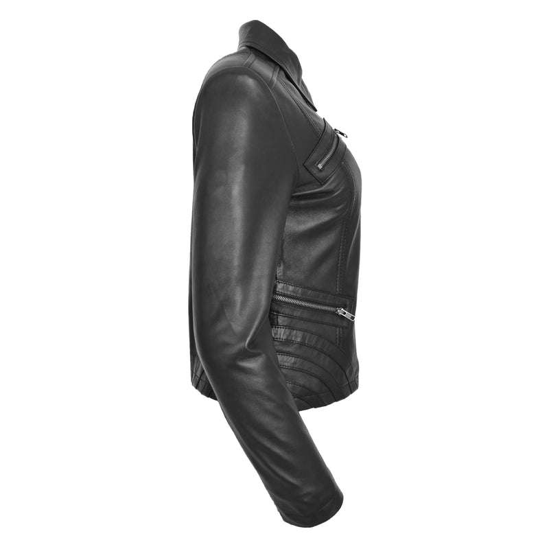 Womens Classic Leather Biker Zip Box Jacket Nova Black 5