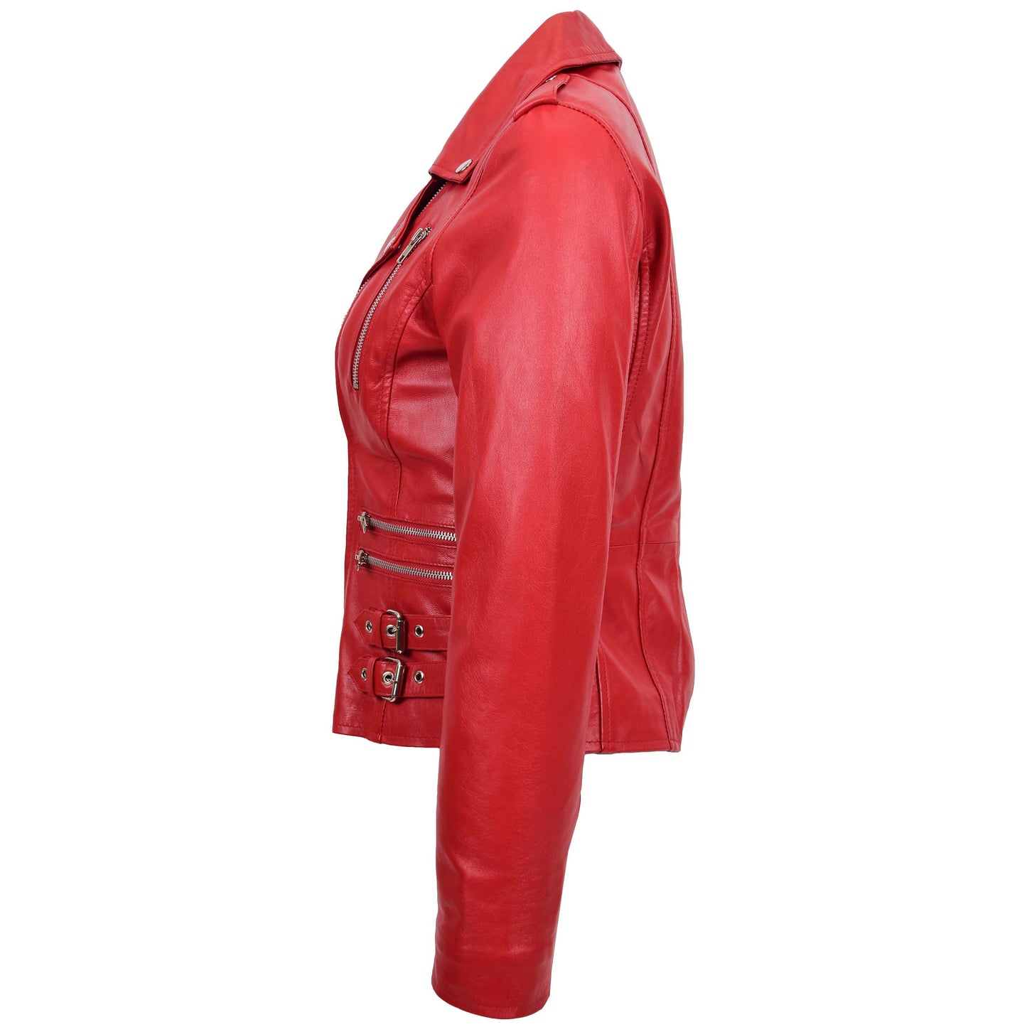 Womens Cross Zip Biker Leather Jacket Cara Red 5