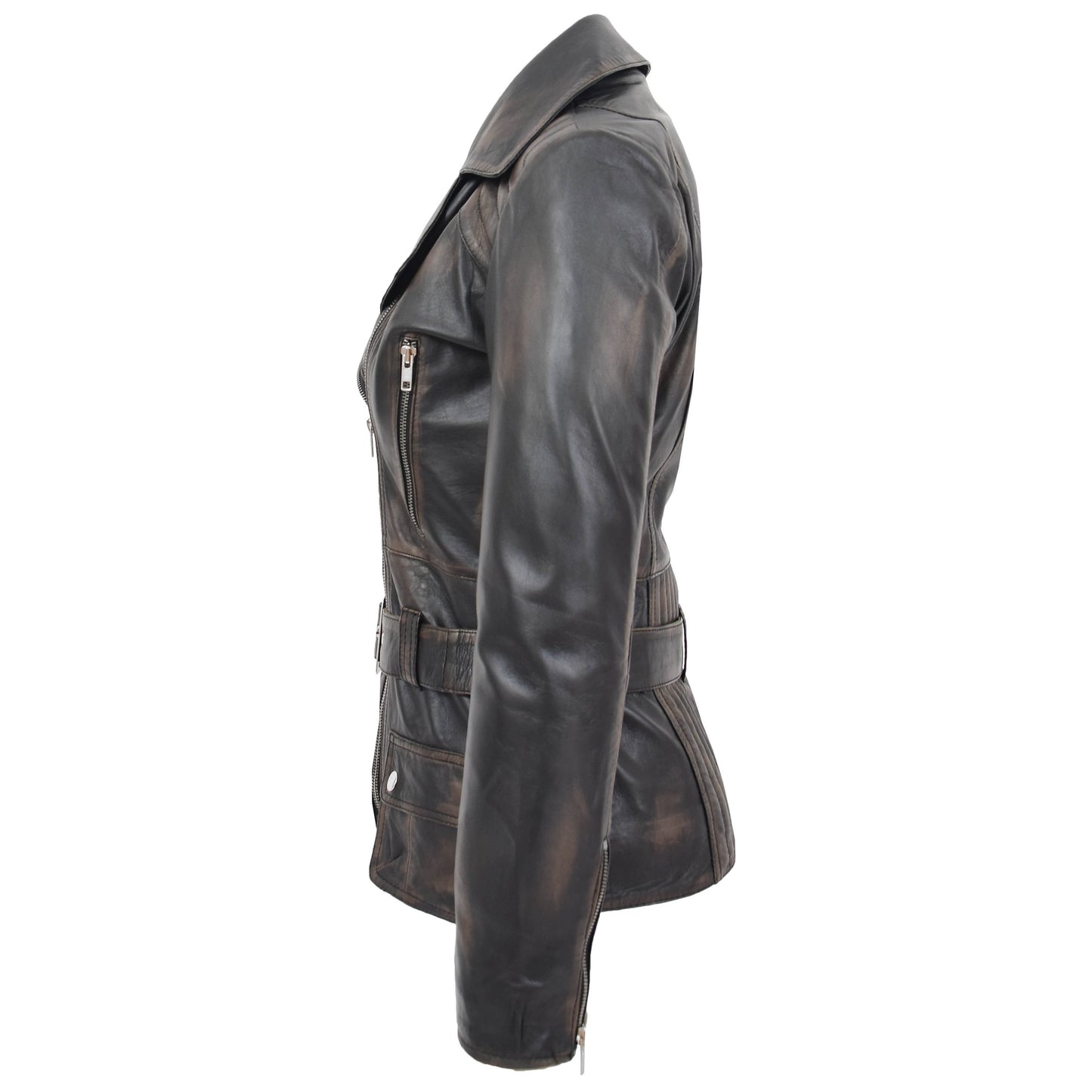 Womens Leather Hip Length Biker Jacket Celia Rub Off 5