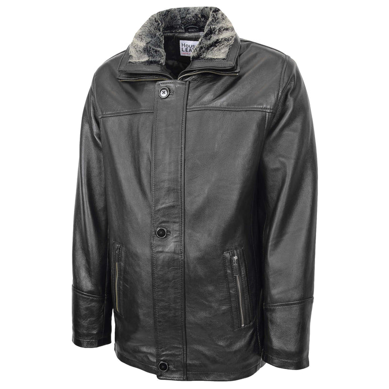 Mens Leather Classic Coat Detachable Collar Roman Black 3