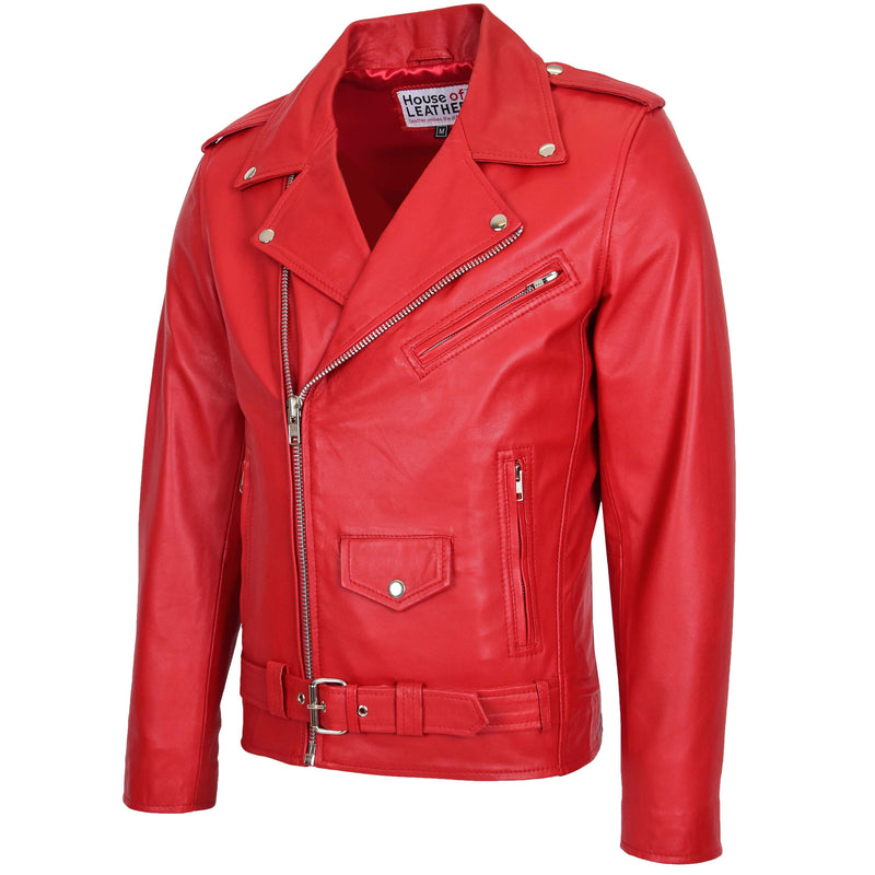 Mens Leather Biker Jacket Brando Style Johnny Red 3