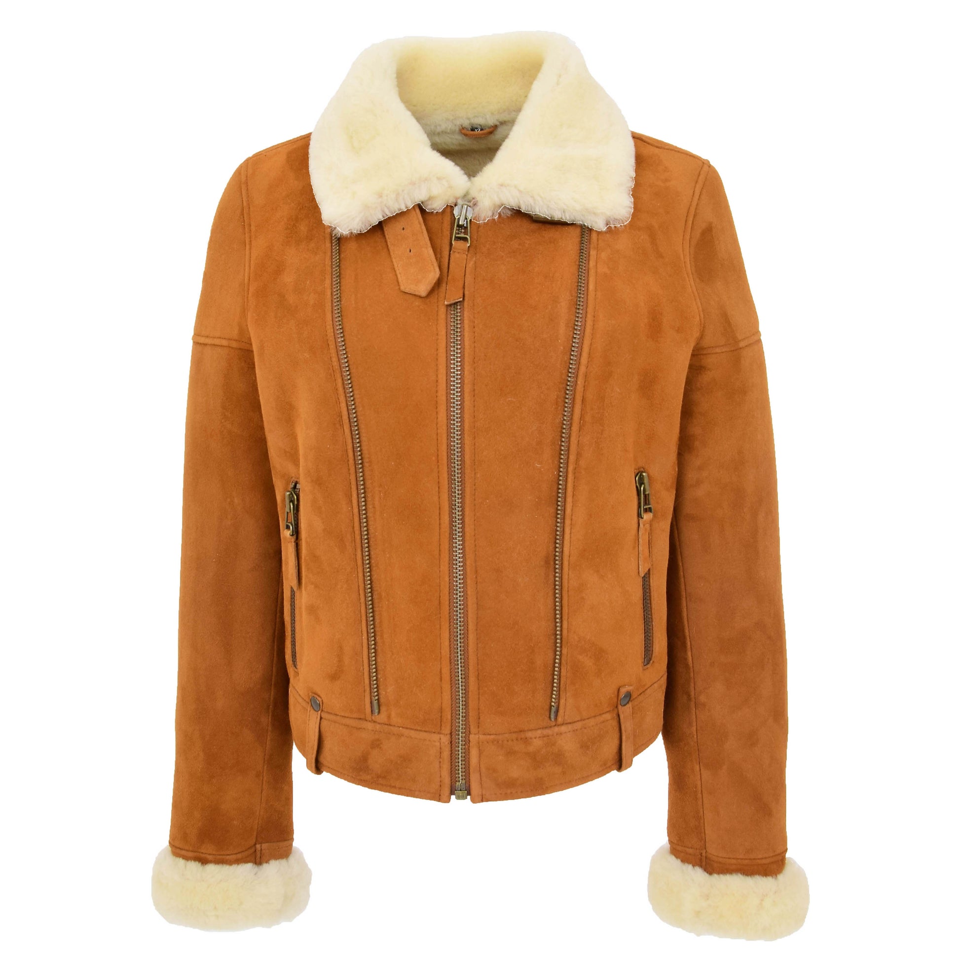 Womens Sheepskin Aviator Pilot Jacket Nora Tan White 3