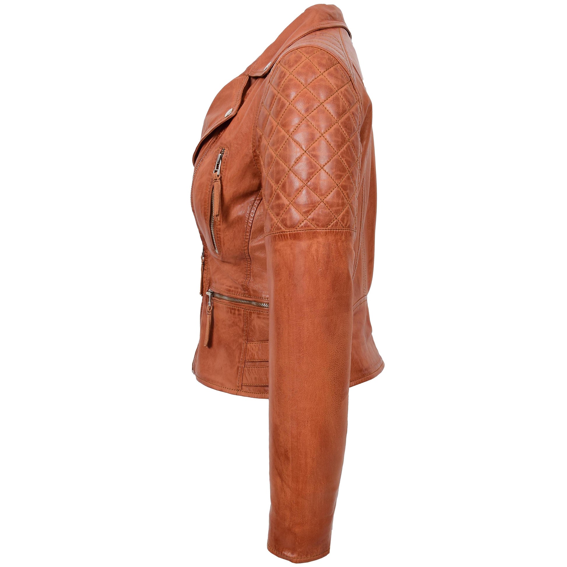 Womens Cross Zip Biker Leather Jacket Claudia Cognac 4