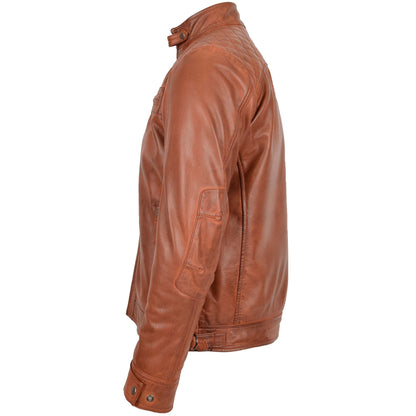 Mens Biker Leather Jacket Standing Collar Bowie Cognac Tan 4