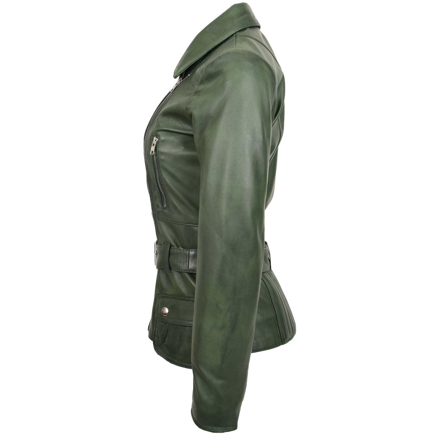 Womens Leather Hip Length Biker Jacket Celia Green 4