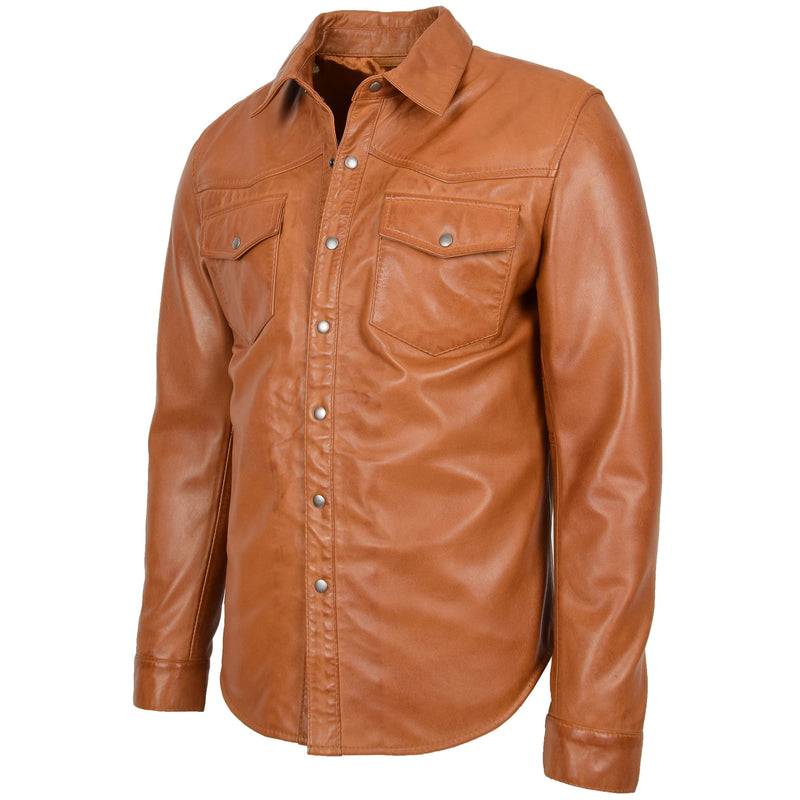 Mens Leather Shirt Classic Trucker Style Oliver Tan 3