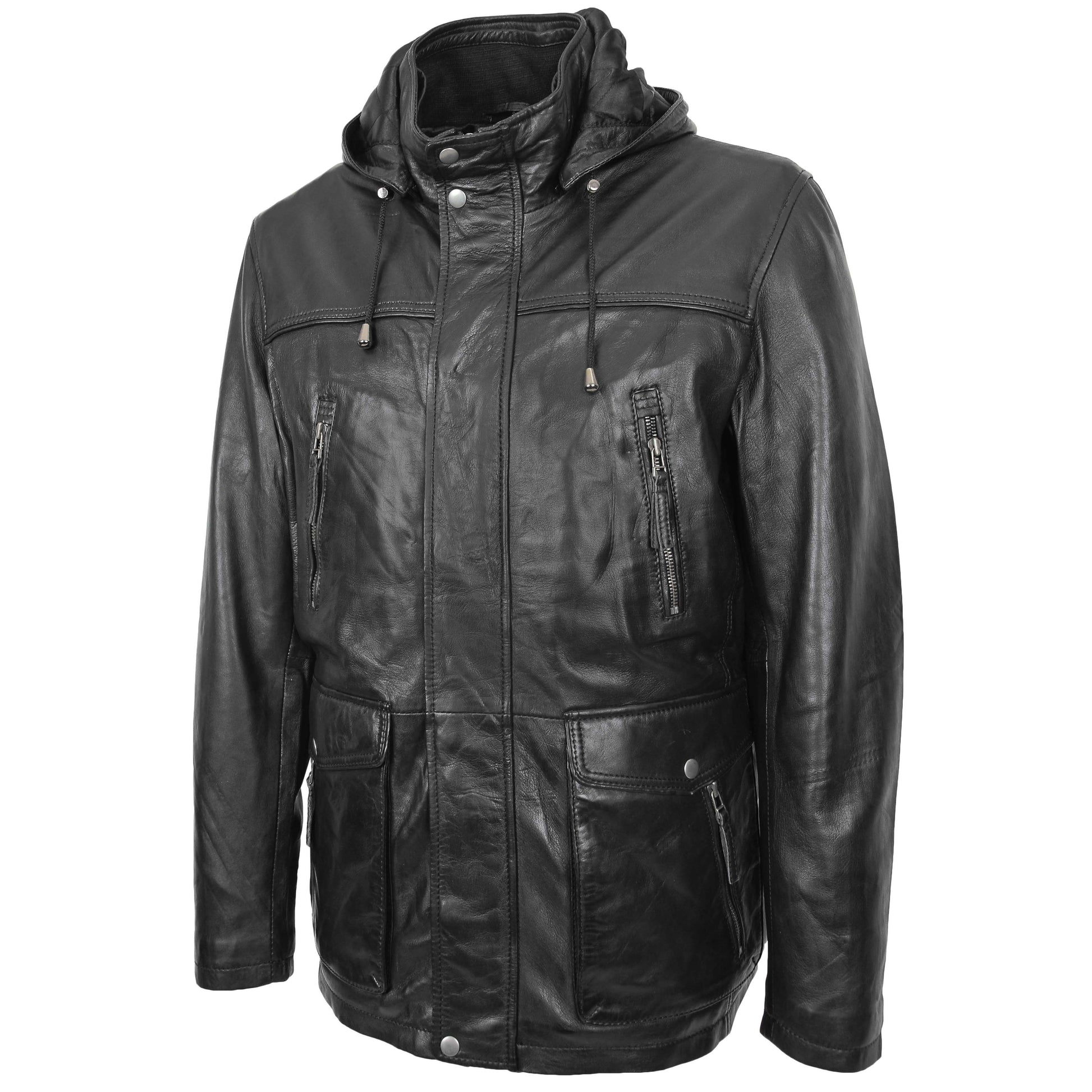 Mens Leather Parka Detachable Hoodie Logan Black 3