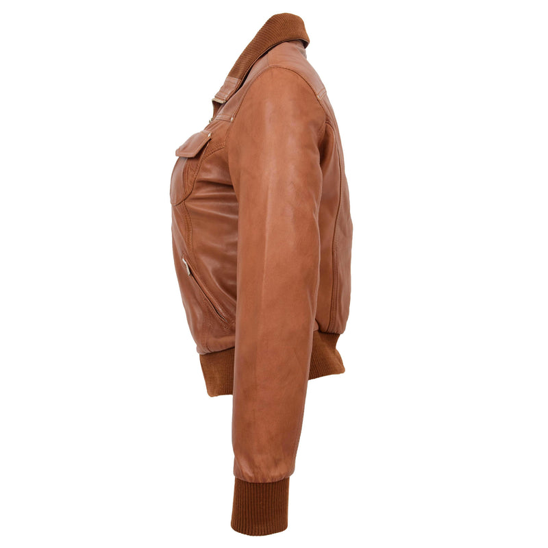 Womens Leather Classic Bomber Jacket Motto Tan 4