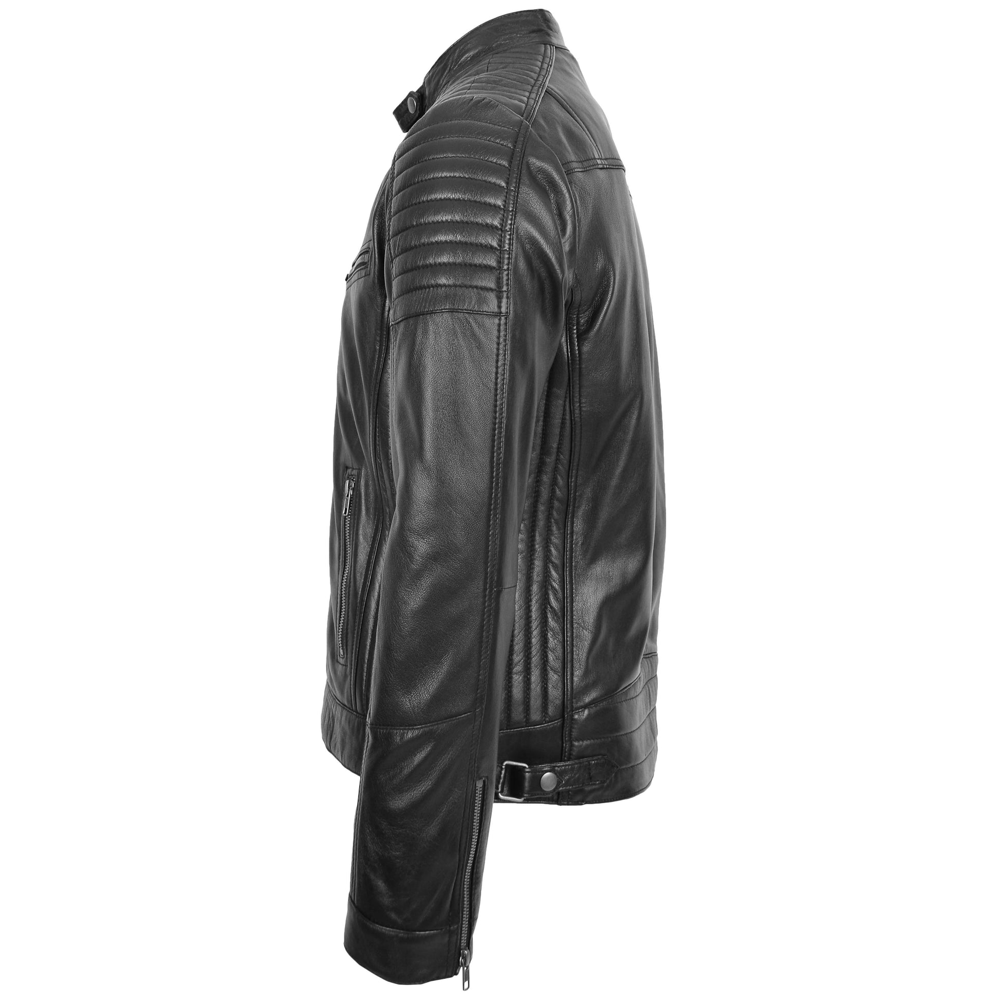 Mens Leather Cafe Racer Biker Jacket Ron Black 4