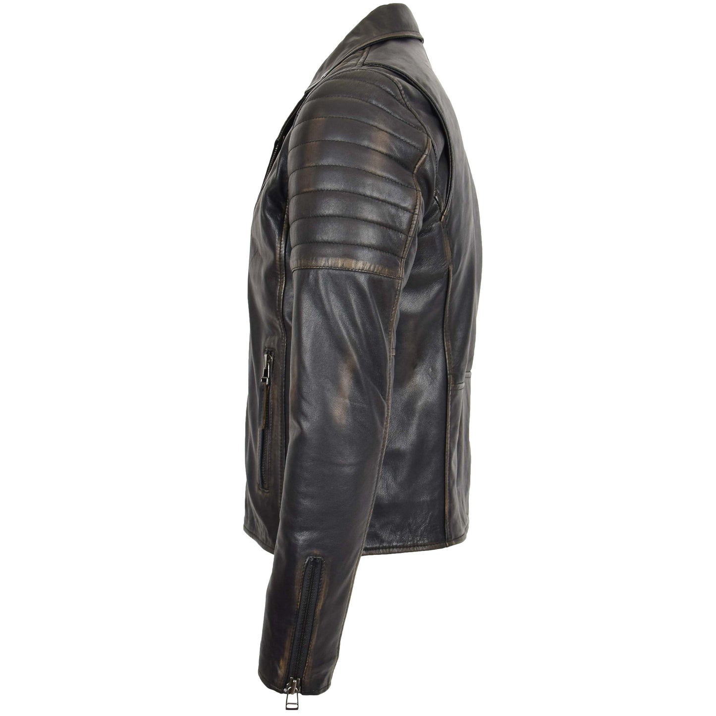 Mens Biker Leather Jacket Dual Zip Hook Rub Off 5