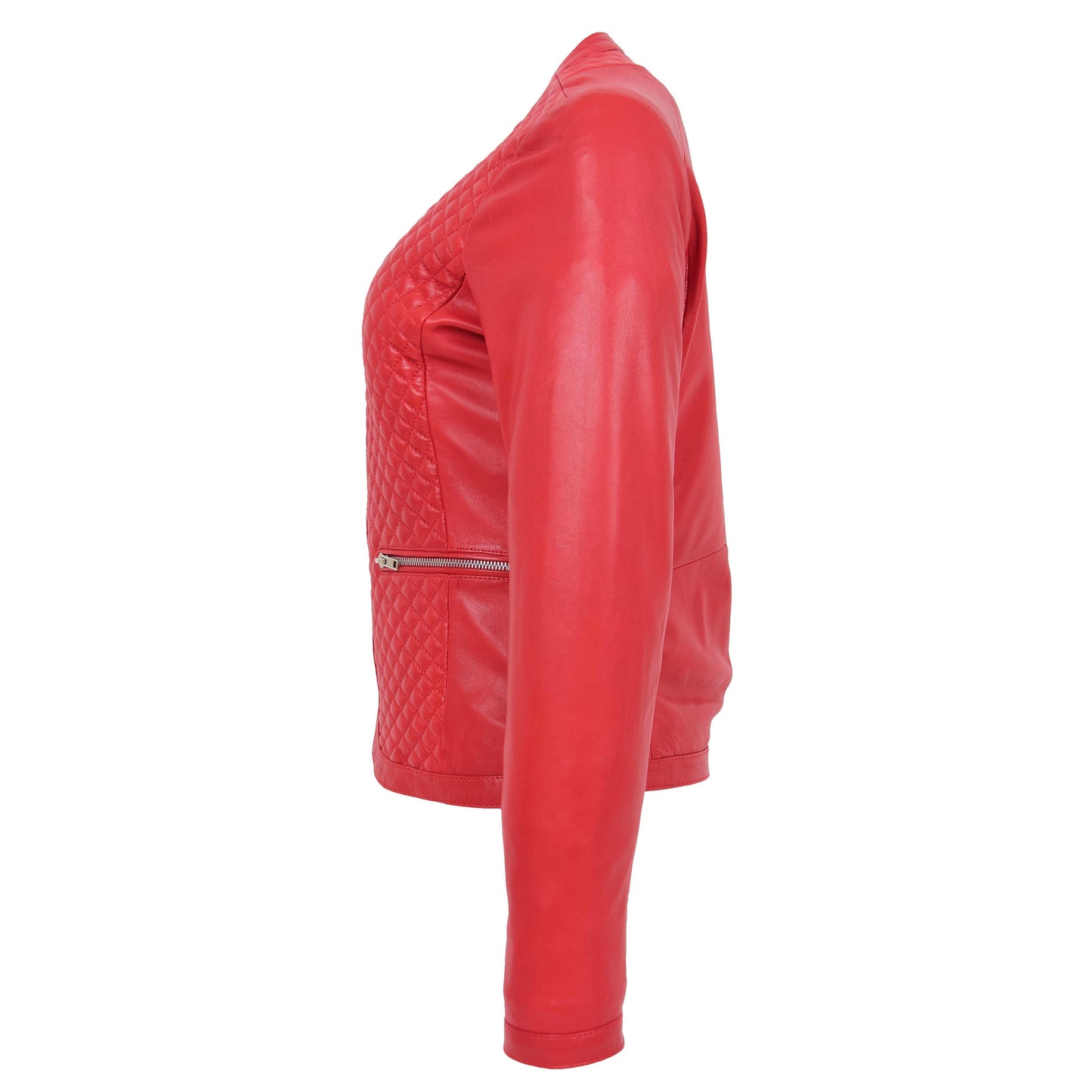 Womens Leather Collarless Jacket with Quilt Design Joan Red 4