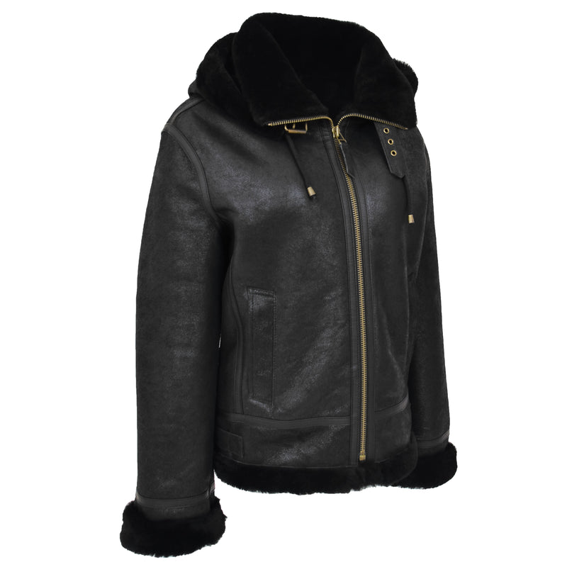 Womens Sheepskin B3 Detachable Hoodie Jacket Naomi Black 4