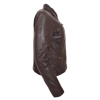 Womens Classic Leather Biker Zip Box Jacket Nova Brown 5