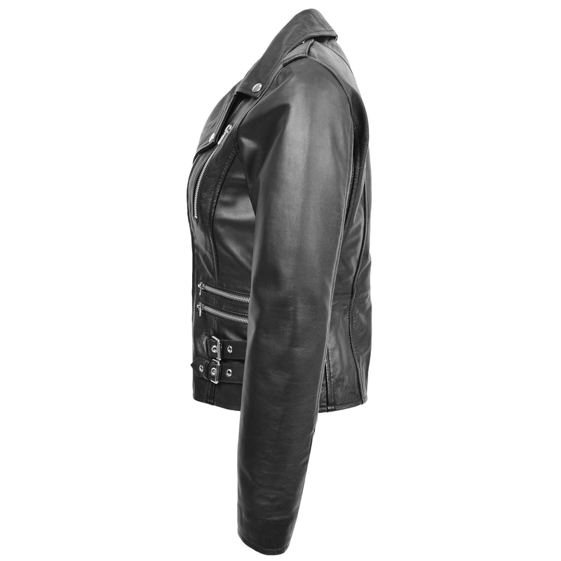 Womens Cross Zip Biker Leather Jacket Cara Black 4