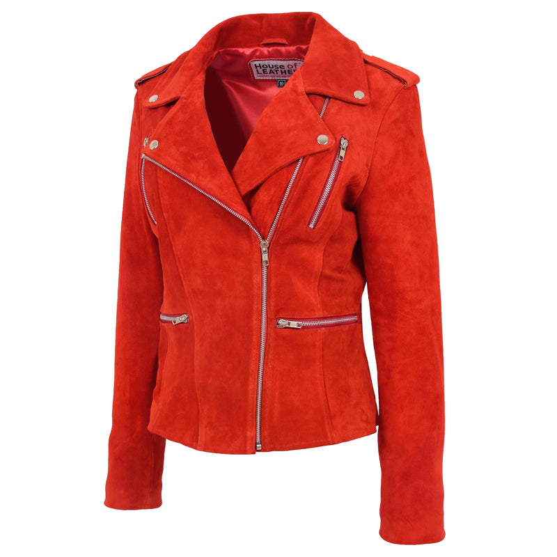Womens Suede Biker Style Zip Jacket Skylar Red 4