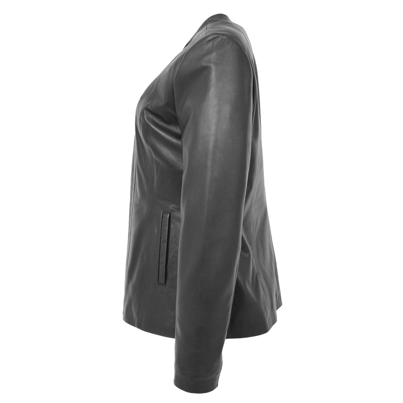 Womens Classic Soft Leather Collarless Jacket Jade Black 5