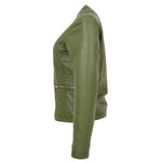Womens Leather Collarless Jacket with Quilt Design Joan Olive Green 4