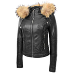 Womens Detachable Hoodie Biker Leather Jacket Lily Black 3