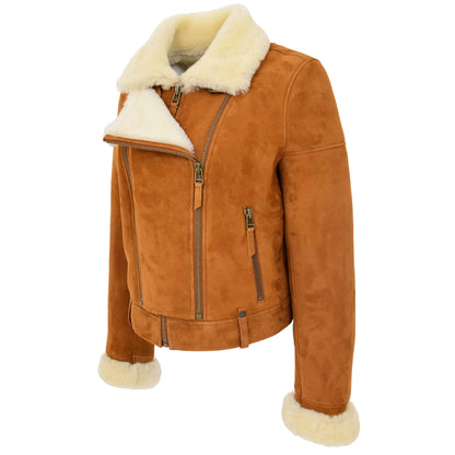 Womens Sheepskin Aviator Pilot Jacket Nora Tan White 4