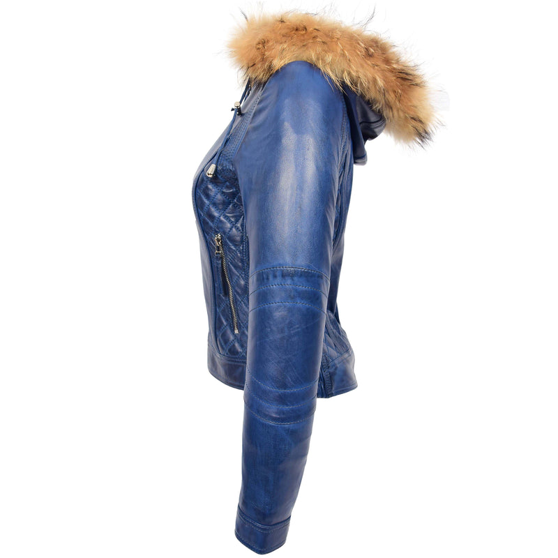 Womens Detachable Hoodie Biker Leather Jacket Lily Blue 4