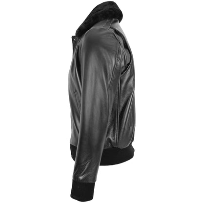 Mens Leather Bomber Pilot Jacket Removable Collar Leroy Black 5