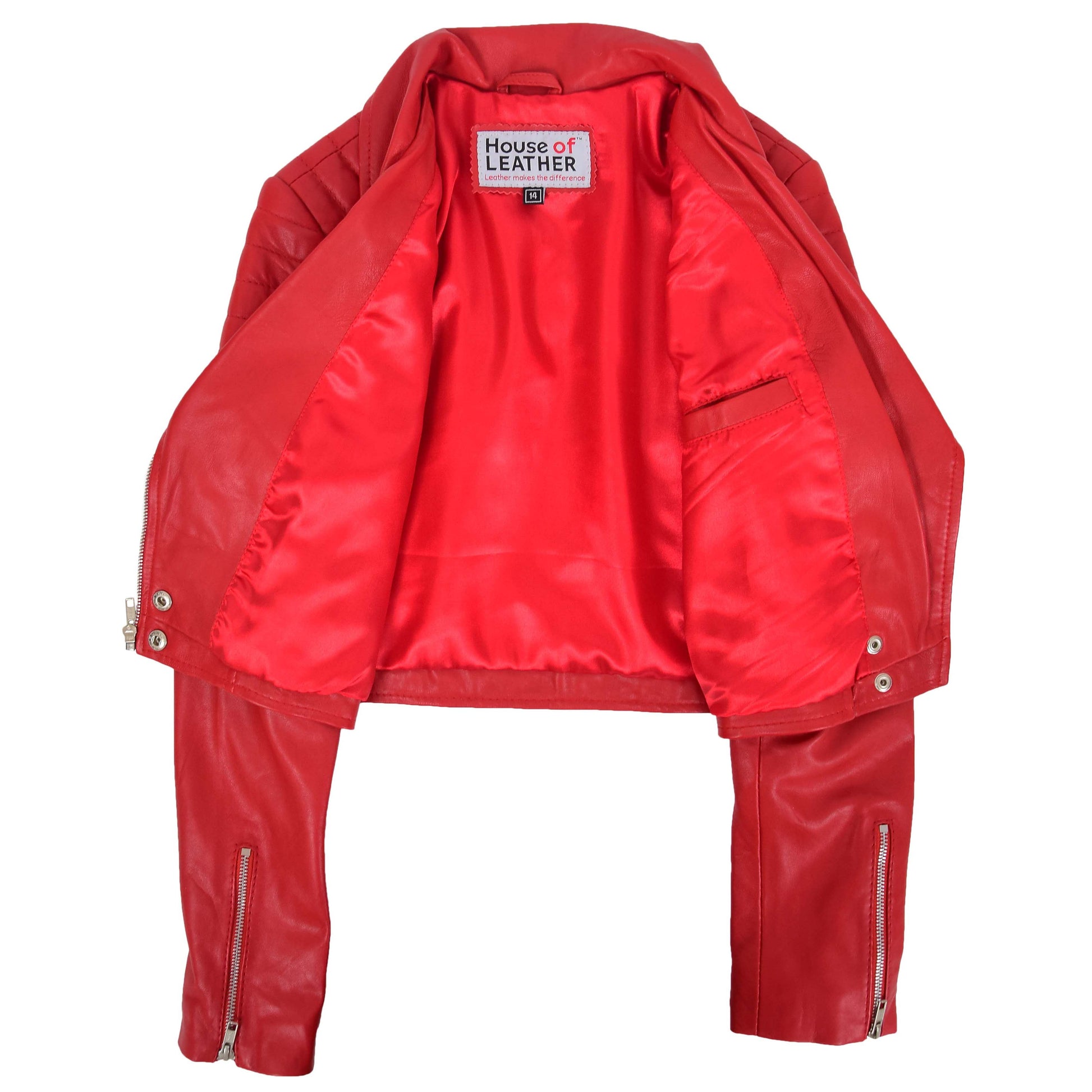 Womens Leather Cropped Biker Style Jacket Demi Red 6