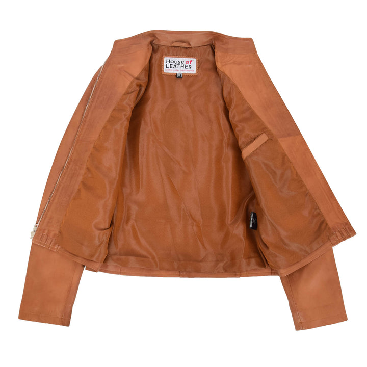 Womens Leather Casual Standing Collar Jacket Ivy Tan 6