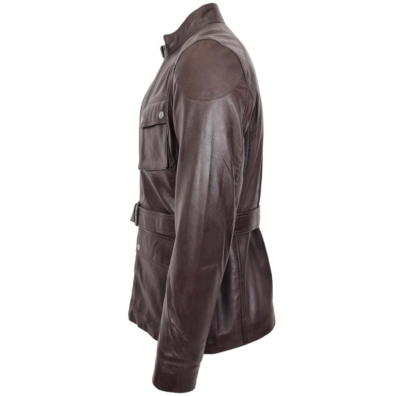 Mens Leather Coat Belted Safari Style Anderson Brown 4