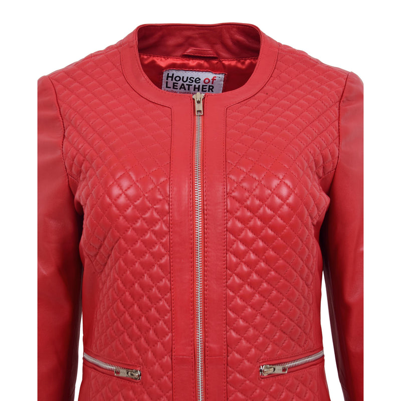 Womens Leather Collarless Jacket with Quilt Design Joan Red 6