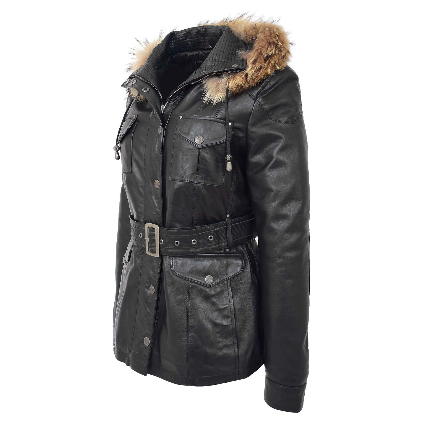 Womens Leather Coat with Detachable Hoodie Daisy Black 4