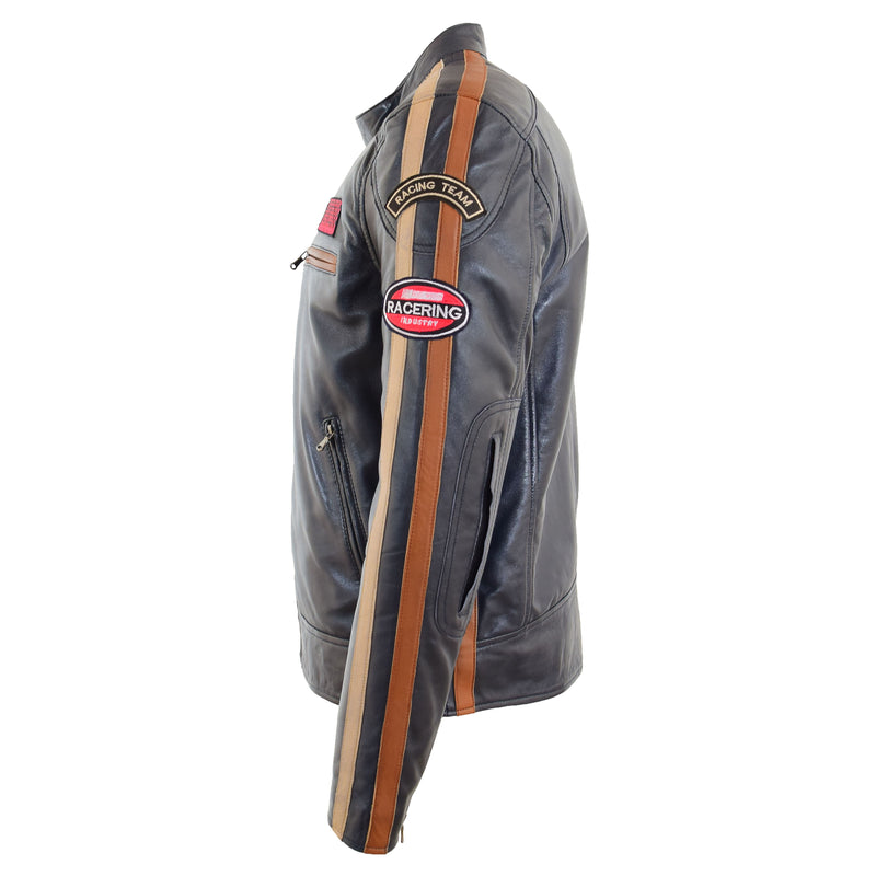 Mens Real Leather Biker Jacket Cafe Racer Style Badges TRON Navy 7
