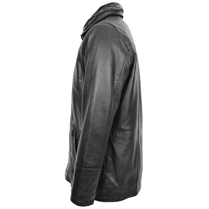 Mens Leather Classic Coat Detachable Collar Roman Black 4
