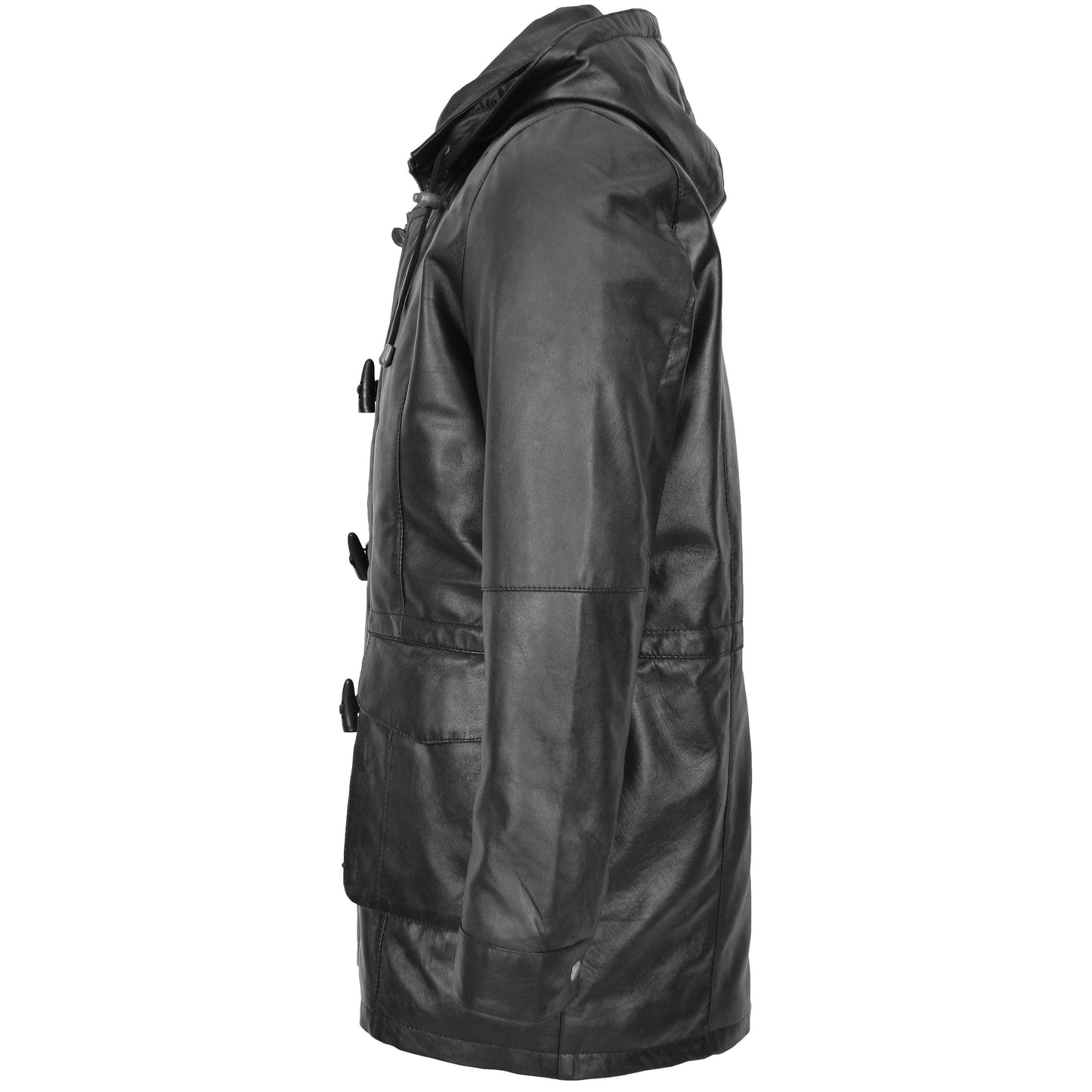 Mens Leather Duffle Coat with Hoodie Jack Black 4