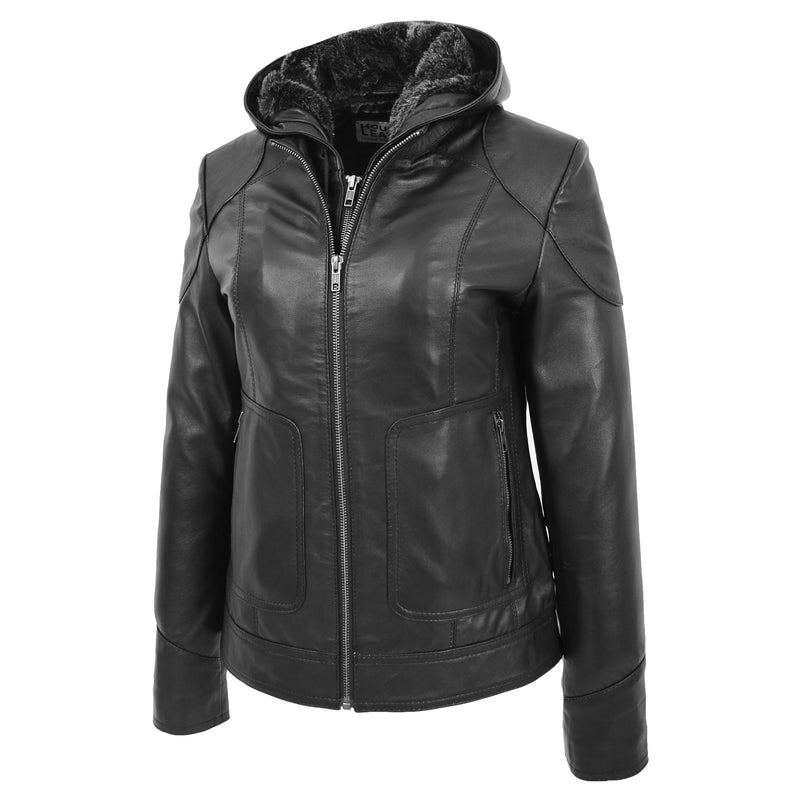 Womens Tall Black Leather Hooded Jacket