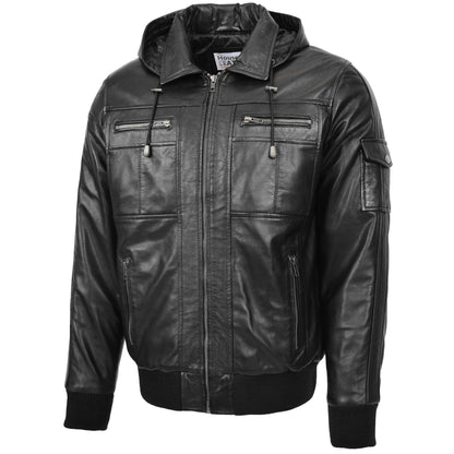 Mens Leather Bomber Jacket with Hoodie Bronx Black 4