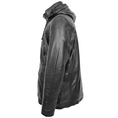 Mens Leather Parka Detachable Hoodie Logan Black 4